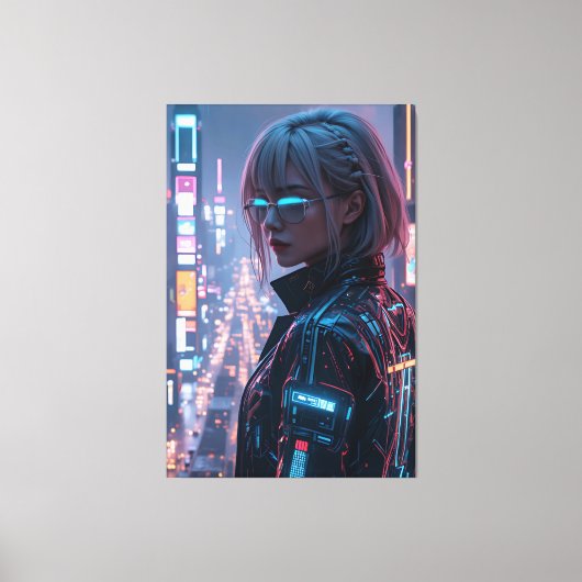 Cyberpunk Cityscape Poster Futuristisch Vrouw Hack Canvas Afdruk (Voorkant)