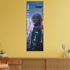 Cyberpunk Cityscape Poster Futuristisch Vrouw Hack Canvas Afdruk