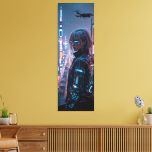 Cyberpunk Cityscape Poster Futuristisch Vrouw Hack Canvas Afdruk