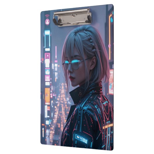 Cyberpunk Cityscape Poster Futuristisch Vrouw Hack Klembord (Links)