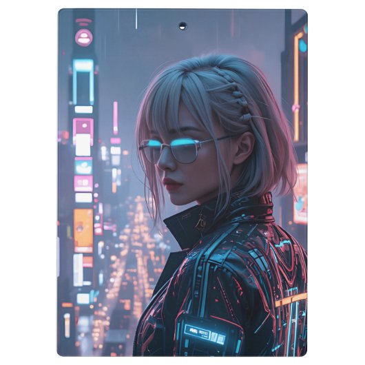 Cyberpunk Cityscape Poster Futuristisch Vrouw Hack Klembord (Achterkant)