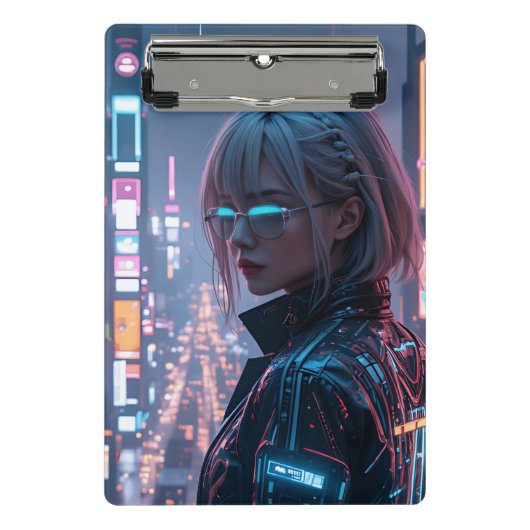 Cyberpunk Cityscape Poster Futuristisch Vrouw Hack Mini Klembord (Voorkant)