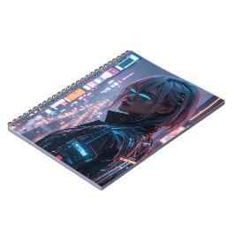 Cyberpunk Cityscape Poster Futuristisch Vrouw Hack Notitieboek
