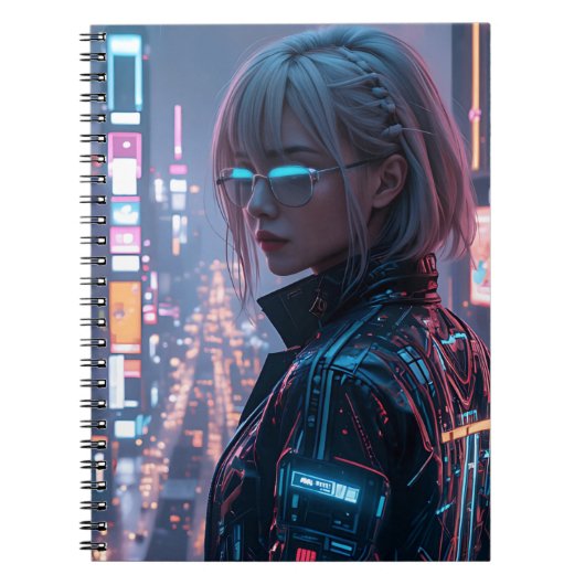 Cyberpunk Cityscape Poster Futuristisch Vrouw Hack Notitieboek (Voorkant)