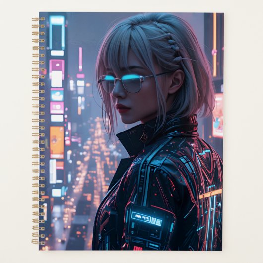 Cyberpunk Cityscape Poster Futuristisch Vrouw Hack Planner (Voorkant)