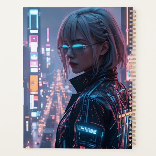 Cyberpunk Cityscape Poster Futuristisch Vrouw Hack Planner (Achterkant)