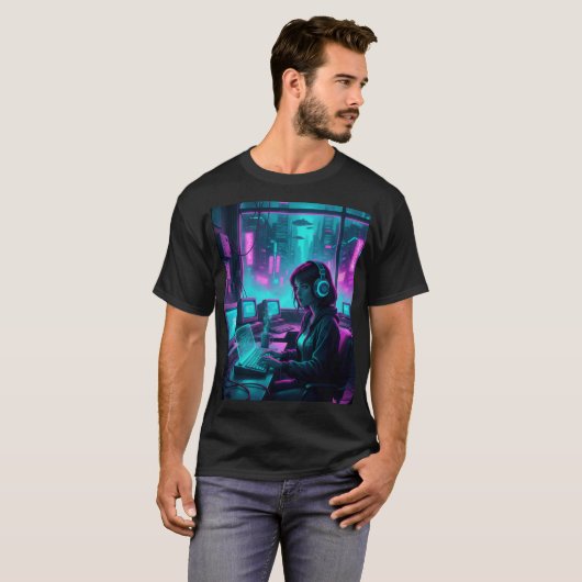 Cyberpunk Coder Girl – Retro Future Hacker Art T-shirt (Voorkant volledig)