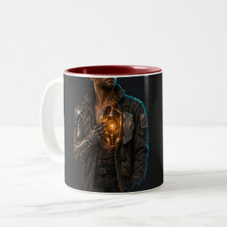 cyberpunk, cyborg, samoerai, neon, synthwave, krij tweekleurige koffiemok
