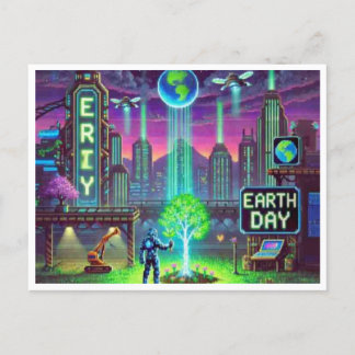 Cyberpunk Earth Day 16-bits Pixel Art Briefkaart
