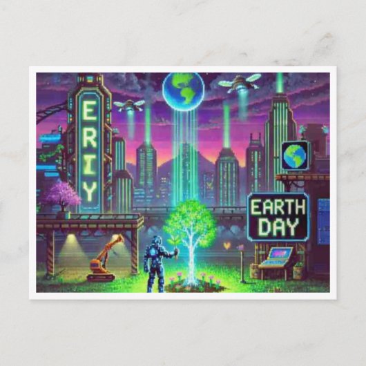 Cyberpunk Earth Day 16-bits Pixel Art Briefkaart (Voorkant)