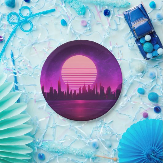 cyberpunk eletronisch synthwave scifi roze zwart  papieren bordje (Feest)