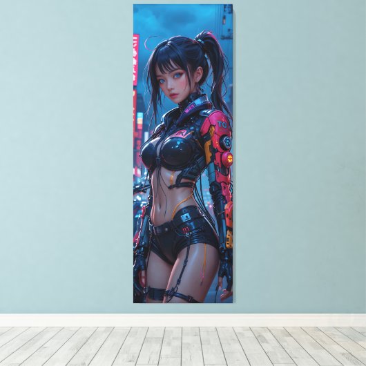 Cyberpunk Femme Fatale: futuristische AI in Androi Canvas Afdruk (Insitu (Houten vloer))