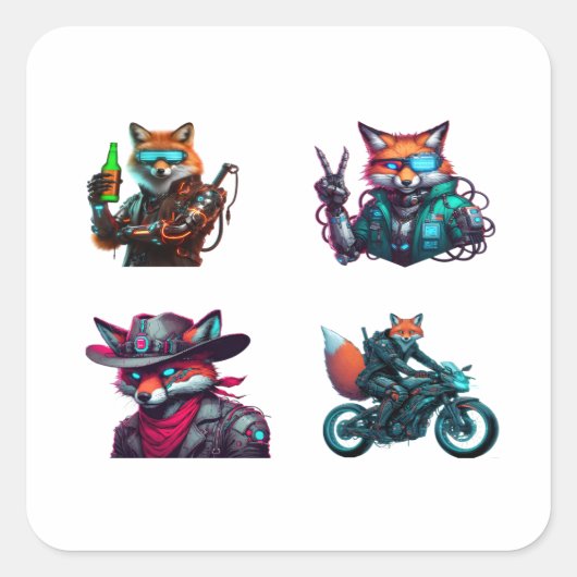 Cyberpunk Fox Funny 4-pack Stickers (Voorkant)