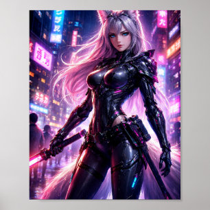 Cyberpunk Fox Warrior Neon Stad Poster