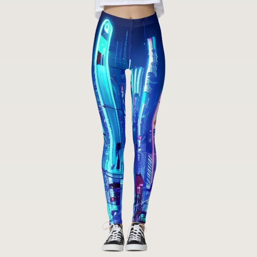 Cyberpunk Futuristic Neon City Leggings (Voorkant)