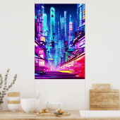 Cyberpunk Futuristic Neon City Poster (Keuken)