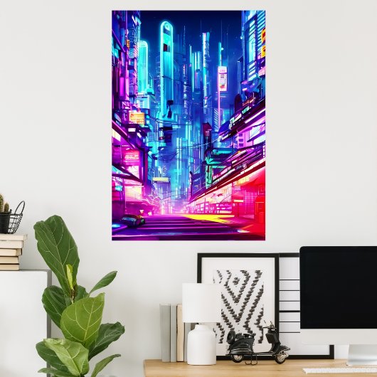 Cyberpunk Futuristic Neon City Poster (Thuiskantoor)