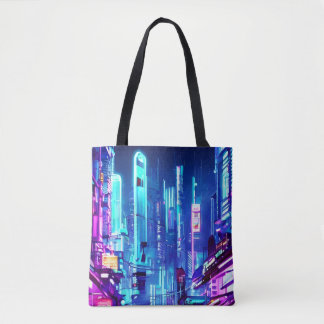 Cyberpunk Futuristic Neon City Tote Bag