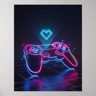 Cyberpunk-gamecontroller – Neon-pixelhart Poster