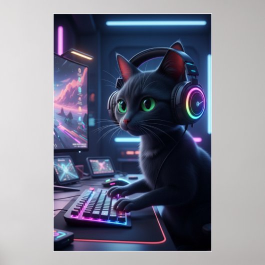 Cyberpunk Gamer Cat Art Poster (Voorkant)
