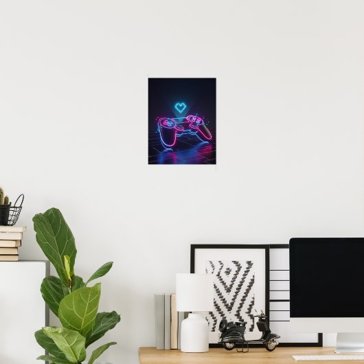 Cyberpunk Gaming Controller – Neon Pixel Heart Poster (Thuiskantoor)