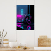 Cyberpunk-gaminghoofdtelefoon Poster (Keuken)