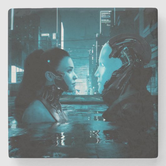 Cyberpunk Girl en de Android Stenen Onderzetter (Voorkant)