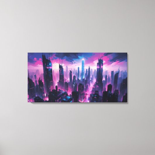 Cyberpunk Gloeiende Abstracte Stadslandschap Canvas Afdruk (Voorkant)