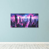 Cyberpunk Gloeiende Abstracte Stadslandschap Canvas Afdruk (Insitu (Houten vloer))