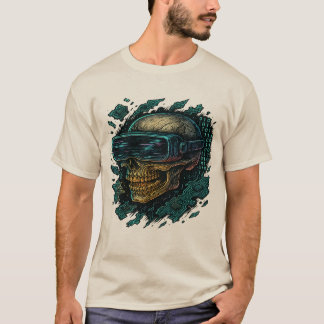 Cyberpunk Glowing Skull with VR Headset - Futurist T-shirt