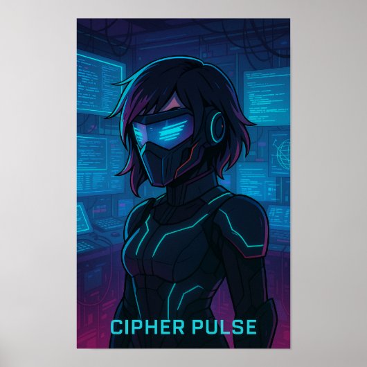 Cyberpunk Hacker Anime Girl Poster (Voorkant)
