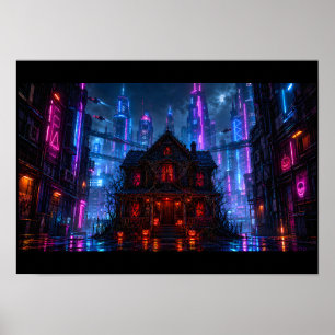 Cyberpunk Halloween Spukhuis Neon Stad Poster