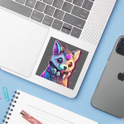 Cyberpunk hond 2 sticker (Laptop met iPhone)