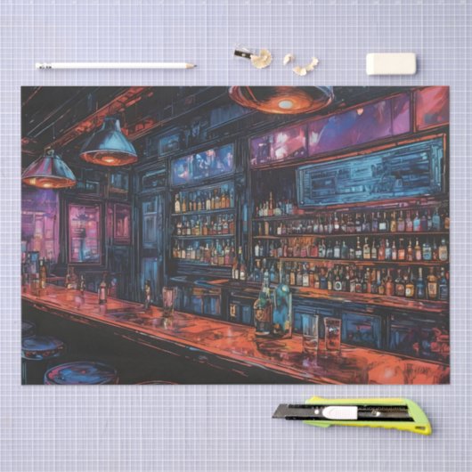 Cyberpunk Inkt Schilderij van een Bar Tissuepapier (Craft)