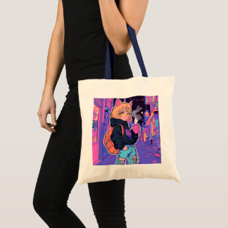 Cyberpunk Kat Meisje Boodschappentas – Neon Esthet Tote Bag