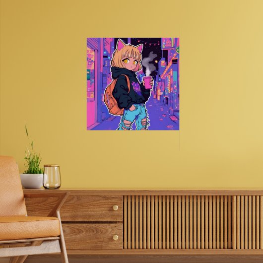 Cyberpunk Katmeisje Poster – Neon Esthetiek (Woonkamer 2)