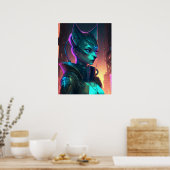 Cyberpunk kattenvrouw in neonstad poster (Keuken)