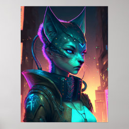 Cyberpunk kattenvrouw in neonstad poster