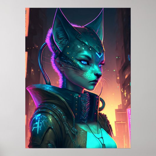 Cyberpunk kattenvrouw in neonstad poster (Voorkant)