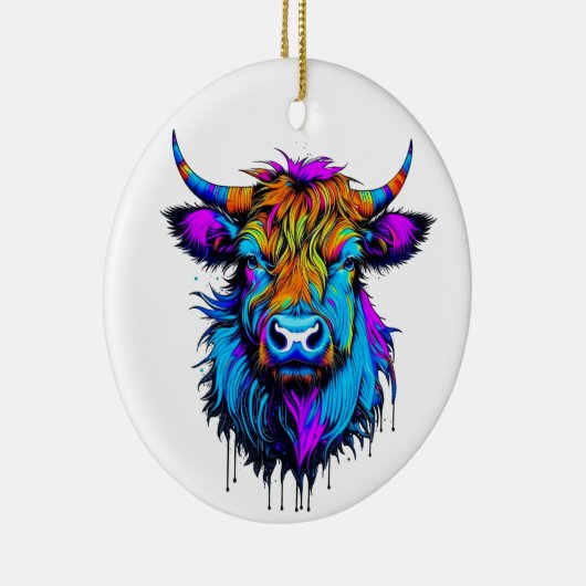 Cyberpunk Kleurrijke Ai Highland Koe Kerst Keramisch Ornament (Rechts)