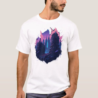 Cyberpunk kleurrijke stad in Waterverf stijl T-shirt