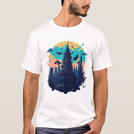 Cyberpunk kleurrijke stad in Waterverf stijl T-shirt (Voorkant)