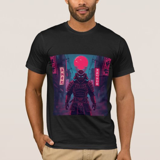 Cyberpunk krijger onder rode maan t-shirt (Voorkant)