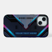 Cyberpunk Mecha Armor Neon Blue Purple Custom Name iPhone 15 Case (Achterkant horizontaal)