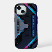 Cyberpunk Mecha Armor Neon Blue Purple Custom Name iPhone 15 Case (Achterkant)
