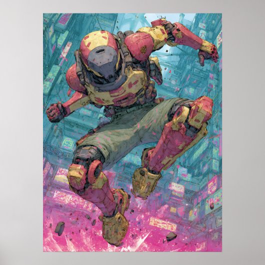Cyberpunk Mecha Pilot Leap Neon City Action Art Poster (Voorkant)