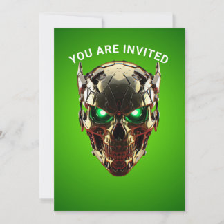 Cyberpunk Mecha Schedel Groen Neon Gaming Uitnodig Kaart