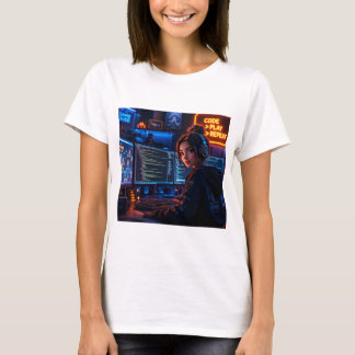 Cyberpunk Meisje Coder T-Shirt - Neon Gaming Esthe