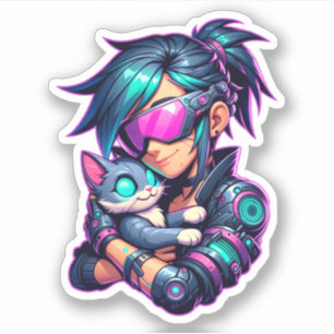 Cyberpunk Meisje en Kat Sticker