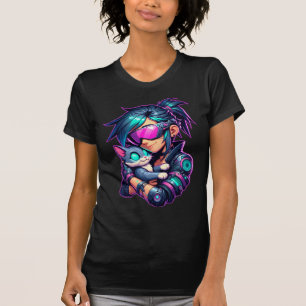 Cyberpunk Meisje en Kat T-shirt